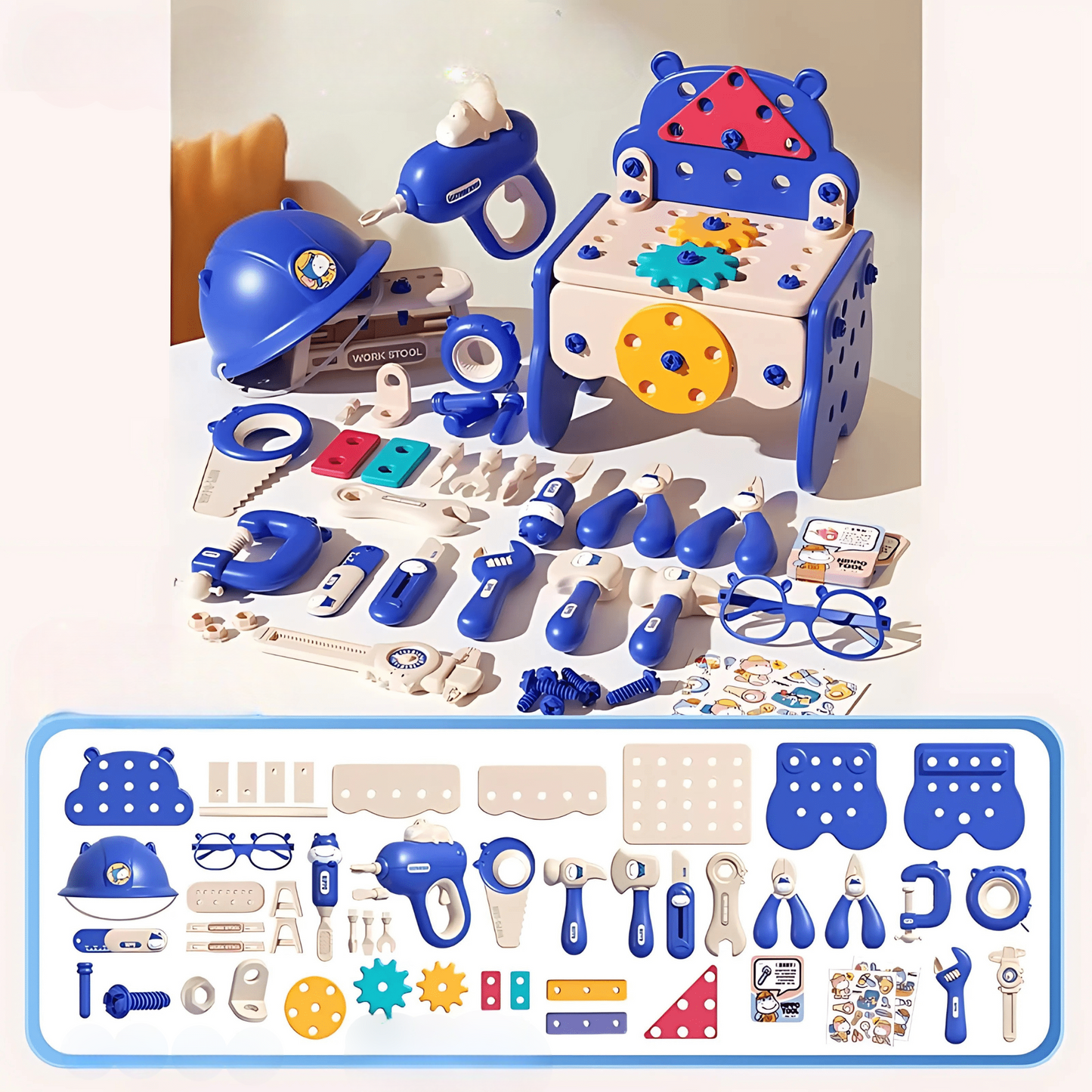 Toy tool set with various tools and a workbench on a white background