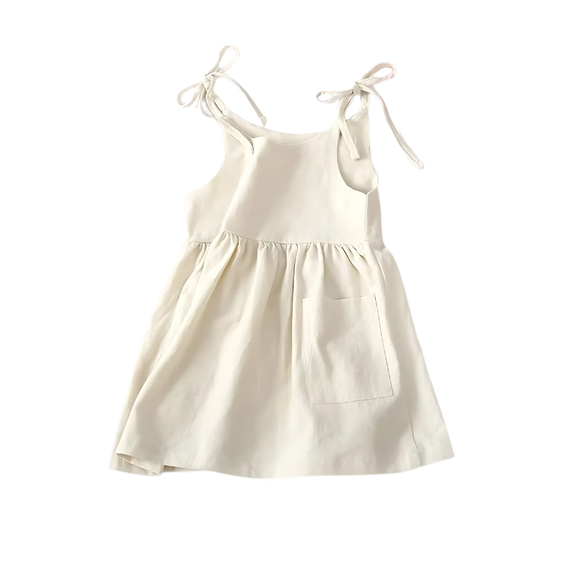Beige colored girls' summer dress with shoulder straps on a white background