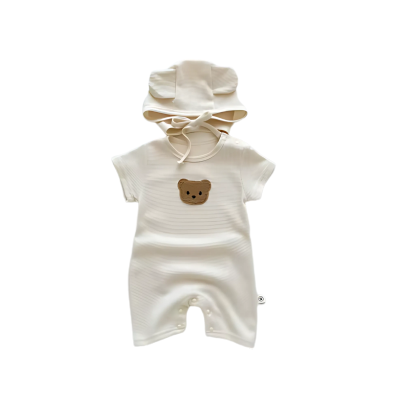Beige RomperTeddy outfit set on a white background