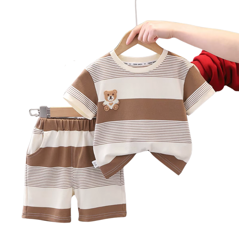 Children's brown and white striped outfit with a bear patch on a hanger.