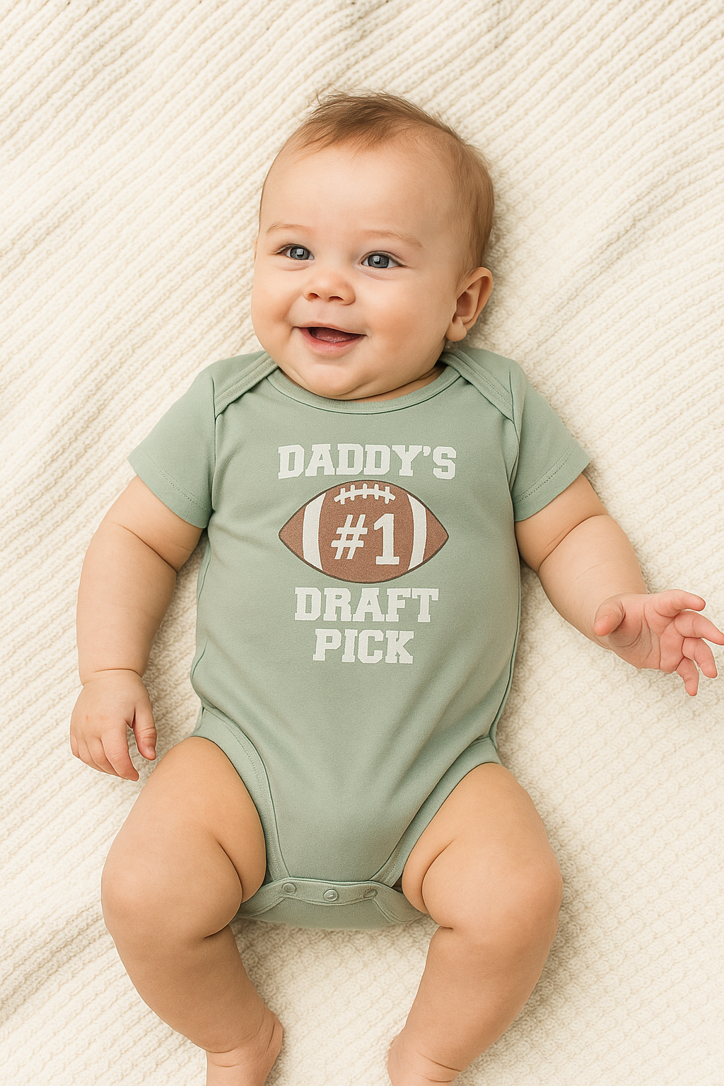 Baby wearing a green onesie with text and a football graphic on a textured surface