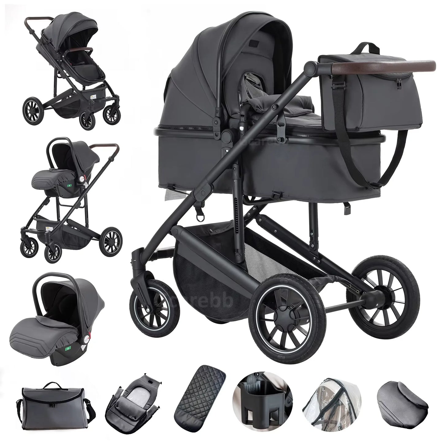 Collage of a Dark Gray baby stroller with various accessories on a white background