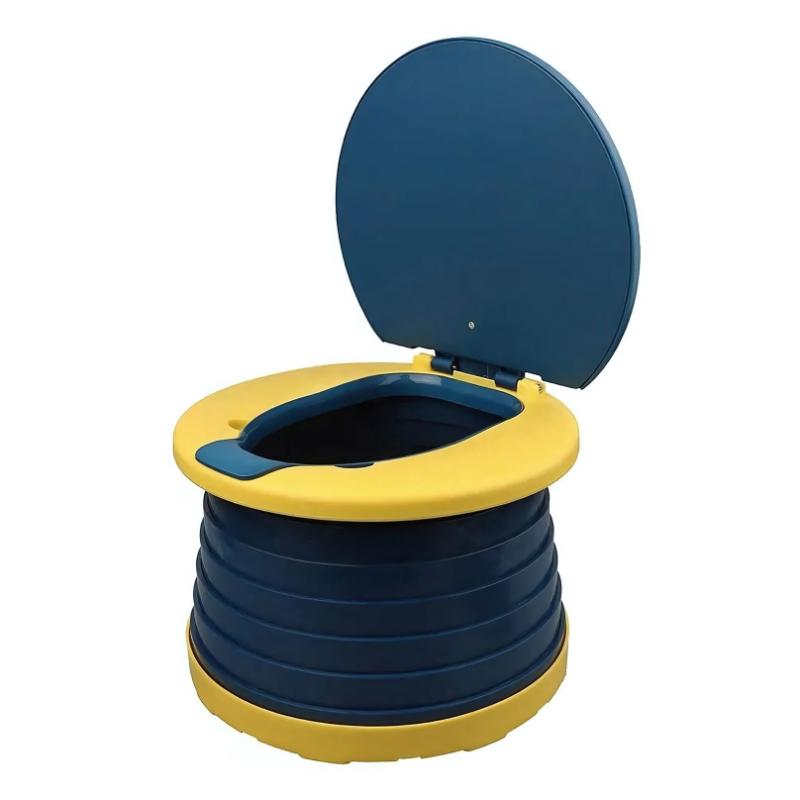 Blue and yellow collapsible toilet seat on a white background