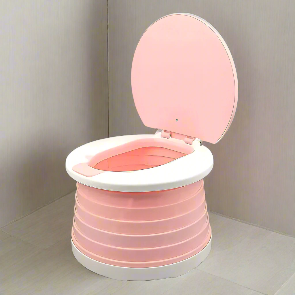 Pink GoPotti On-the-Go toddler potty shown unfolded, highlighting its child-friendly design.