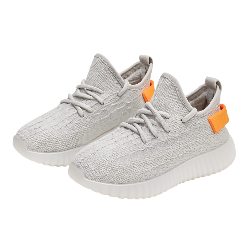 Gray coloured knit sneakers on a white background