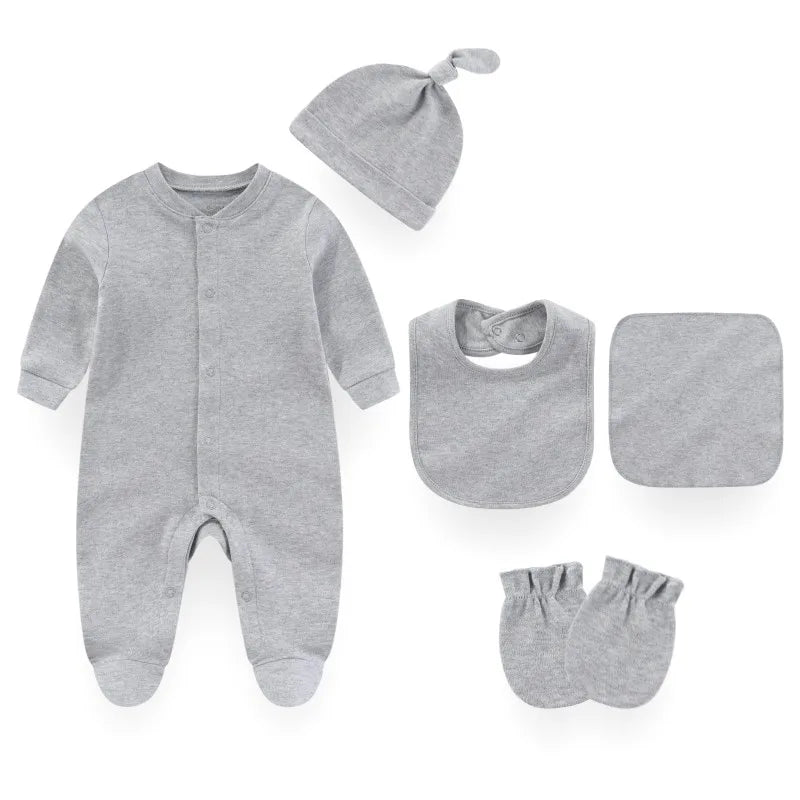 Gray baby outfit set with onesie, hat, bib, burp cloth, and mittens on a white background