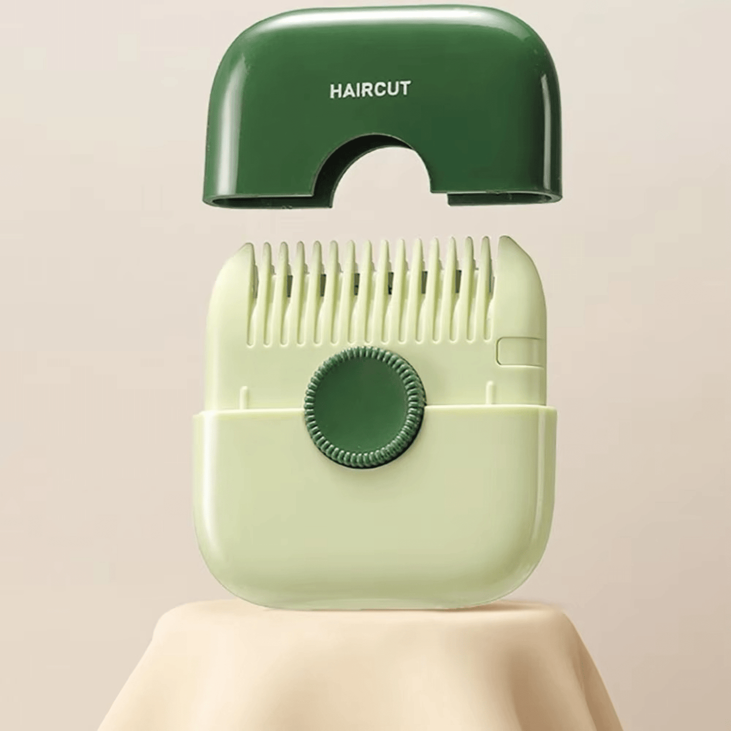 Green and beige hair trimmer on a beige background