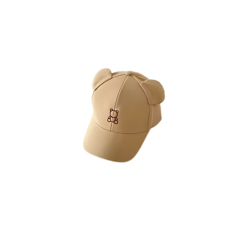 khaki colored teddy bear hat for kids on a white background