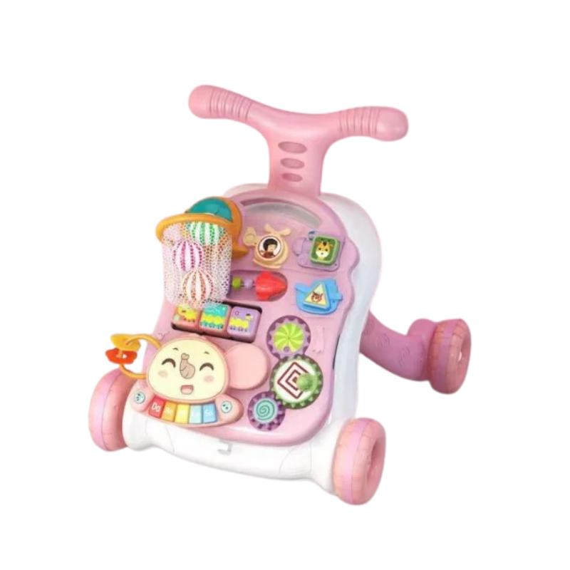 Pink toy push car with colorful buttons and features on a white background