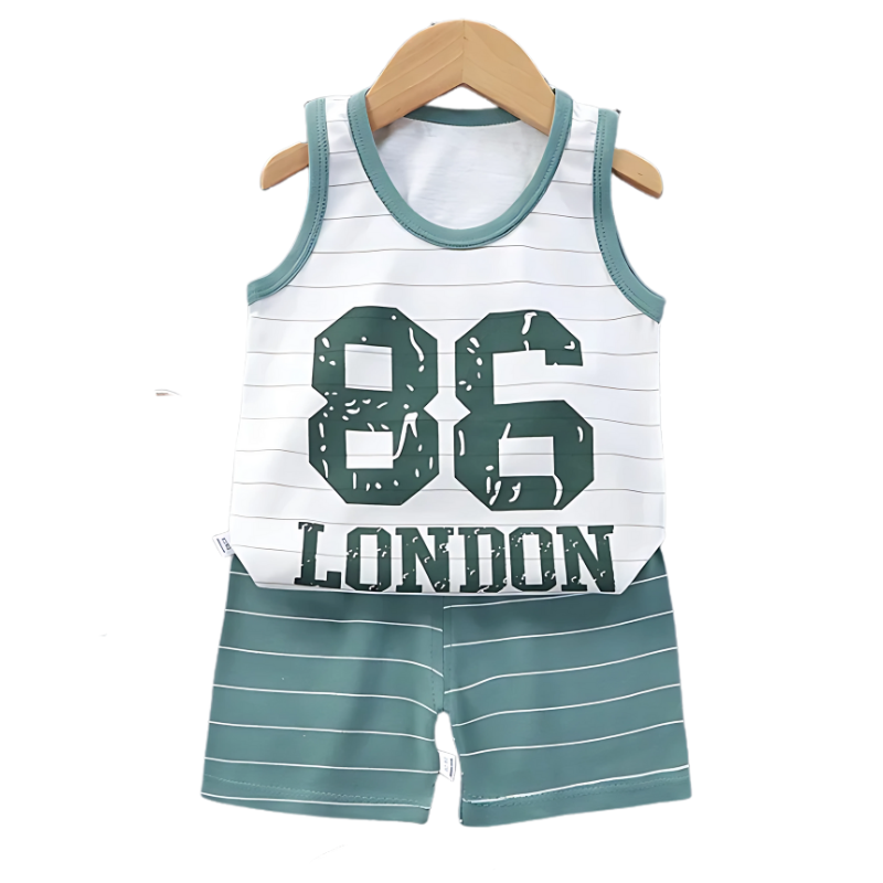 Children's sleeveless romper with '86 London' print on a white background