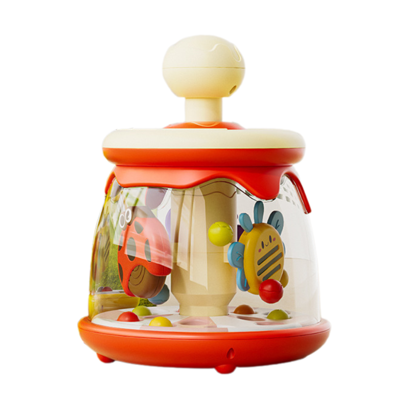 Colorful baby toy with various shapes and textures on a white background