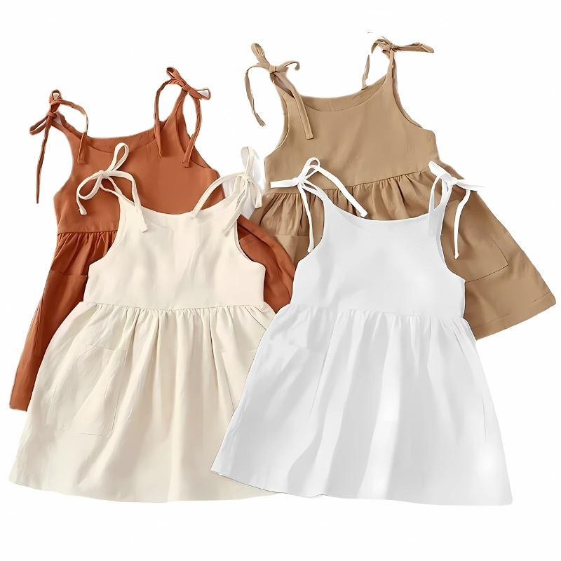 Various colored summer dresses on a white background