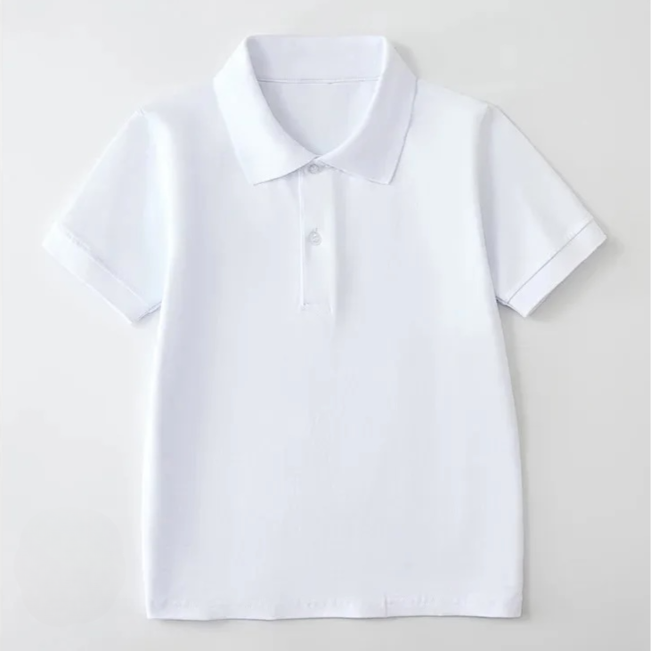White polo shirt with short sleeves on a light gray background
