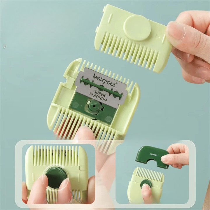 Green kids grooming comb with packaging on a light blue background