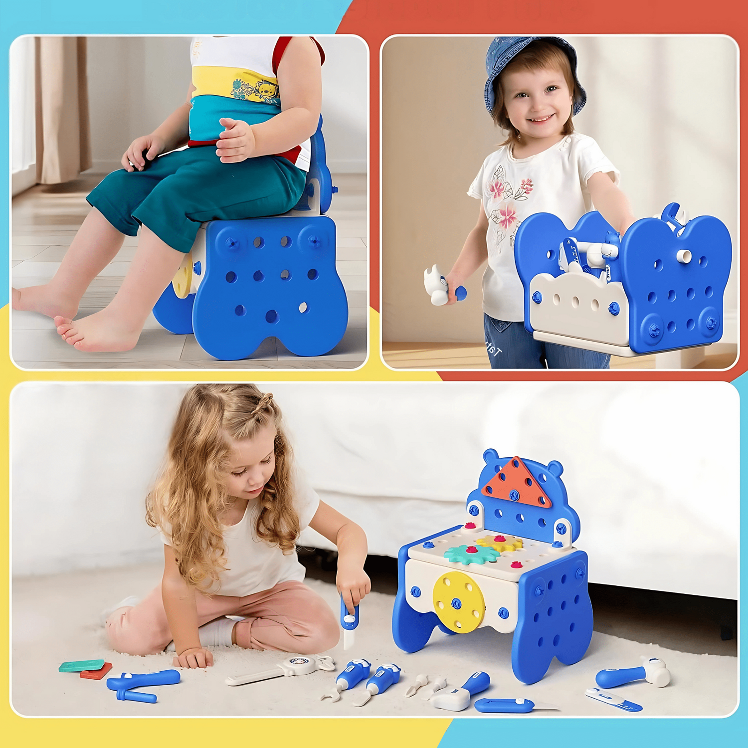 Collage of a child playing with the HiHippo blue toy stool and tool set.