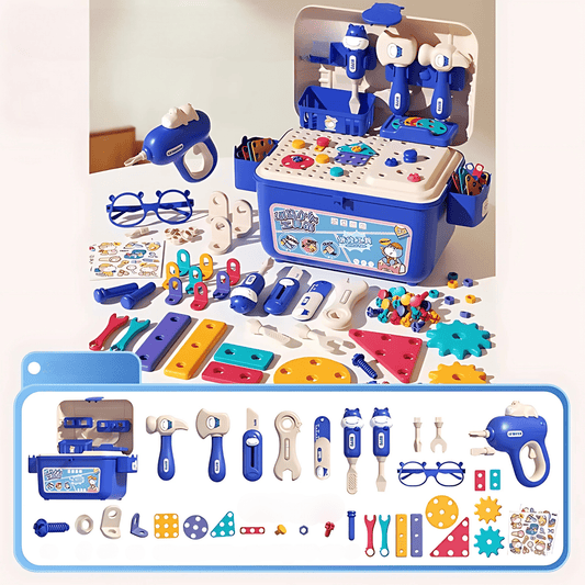 Children's HiHippo toy workshop set with tools and accessories on a white background
