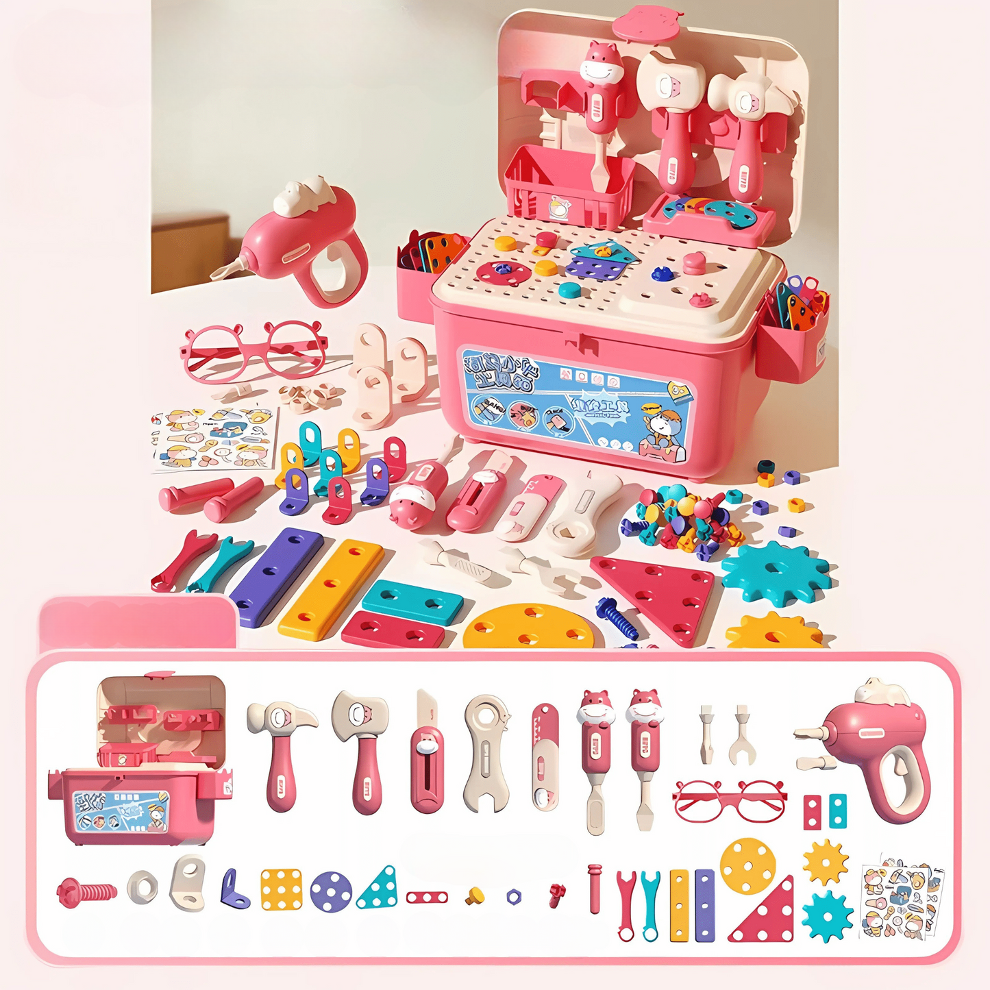 Pink toy tool set with various tools and accessories on a white background
