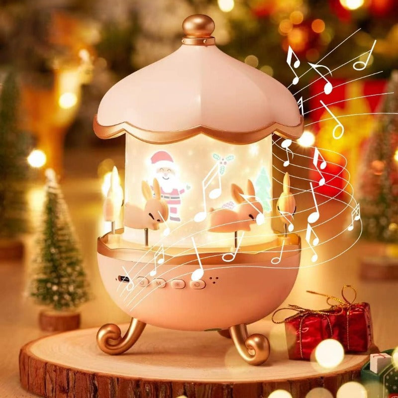 Decorative music box with flamingo design on a wooden base, surrounded by festive decorations.