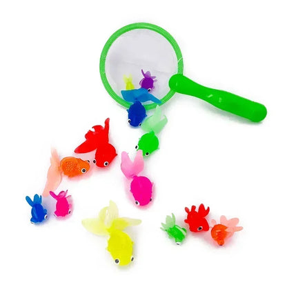 Colorful toy fish with a green fishing net on a white background