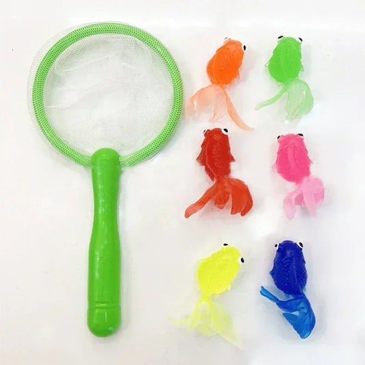 Green fishing net toy with colorful plastic fish on a white background