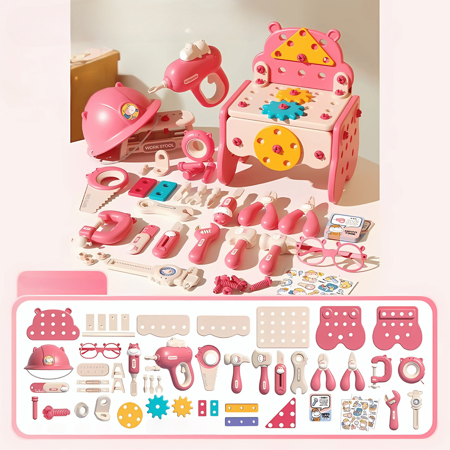 Children's HiHippo pink toy workshop set with tools and accessories on a white background
