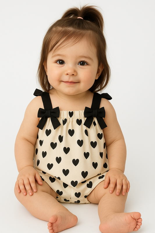 Baby wearing a top and shorts set with black heart patterns and black bows on straps against a white background