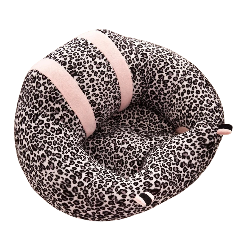 Leopard print baby floor plush seat shaped like a caterpillar on a white background