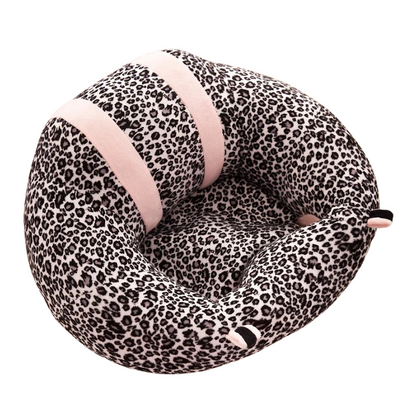 Leopard print baby floor plush seat shaped like a caterpillar on a white background