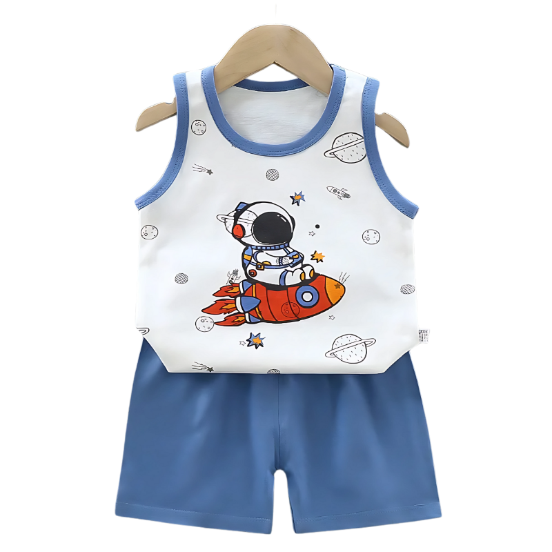 Children's sleeveless top and shorts set with astronaut design on a white background