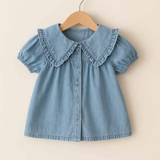 Blue denim dress with ruffled collar on a hanger against a beige background