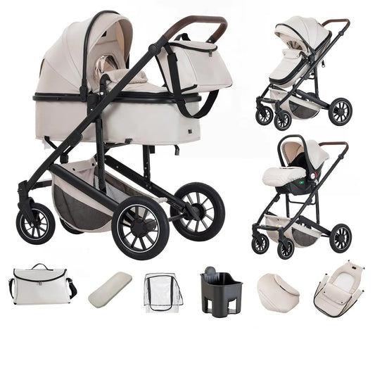 Collage of baby stroller and accessories on a white background.