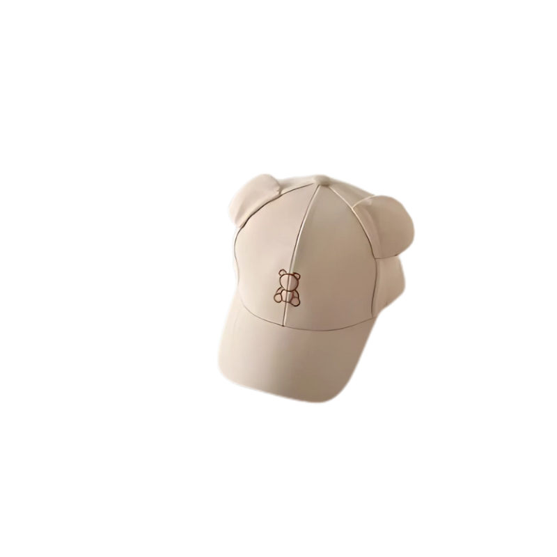 beige colored teddy bear hat for kids on a  white background