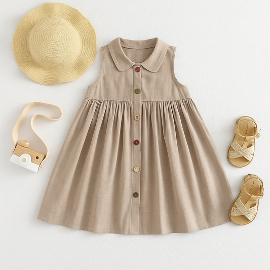 Beige dress with accessories including a hat, camera, and sandals on a light background