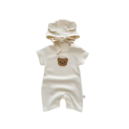 Beige RomperTeddy outfit set on a white background