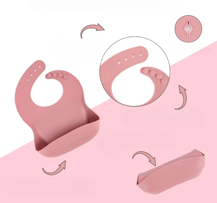 Pink silicone Bibs with multiple views on a white background