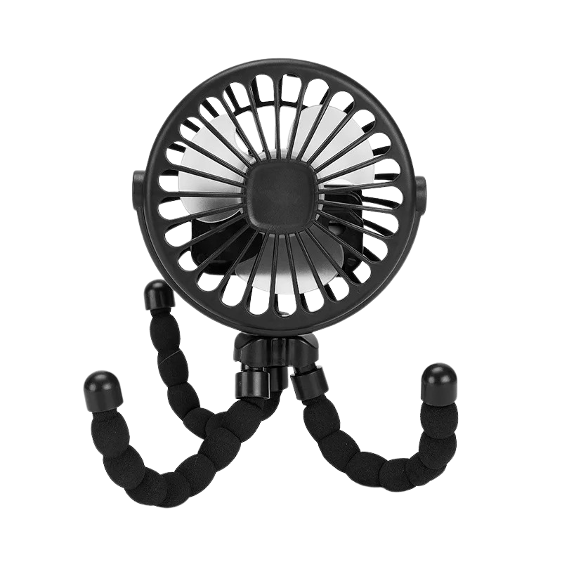 Black handheld fan with flexible arm on a white background