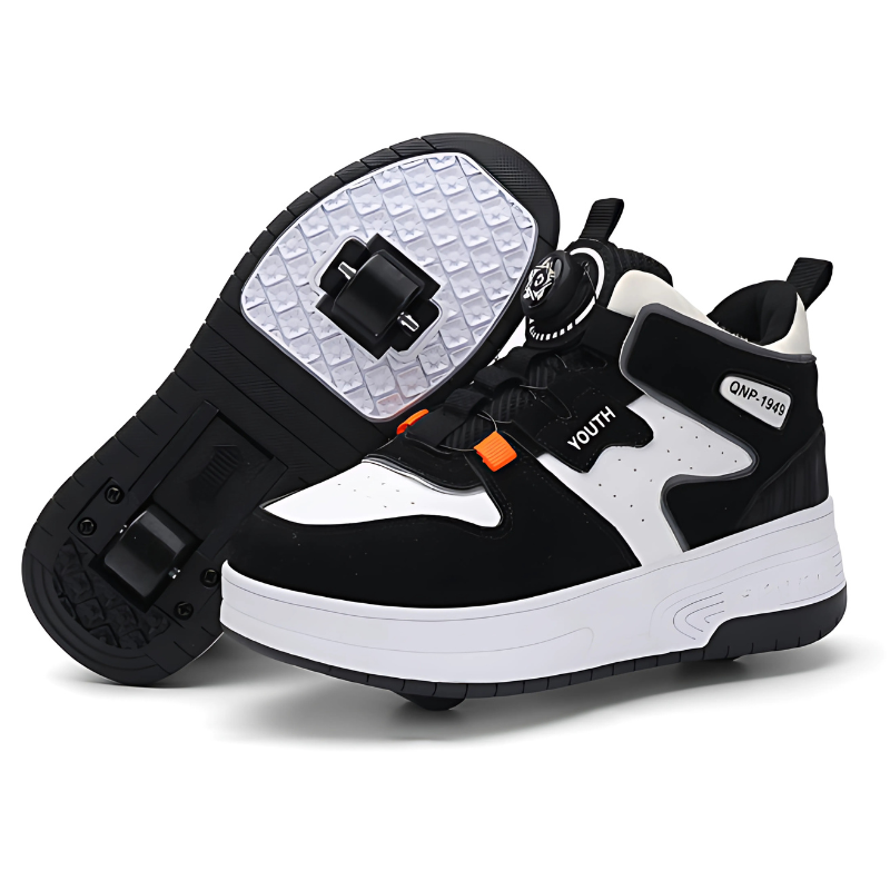 Black and white sneakers with wheels on a white background