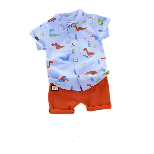 Baby outfit with blue shirt and orange shorts on a white background