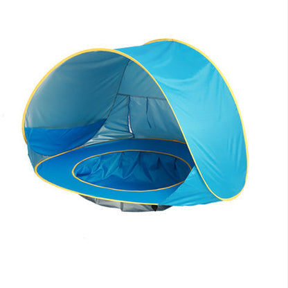 Blue pop-up tent with yellow trim on a white background