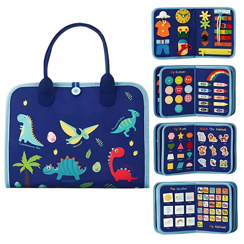 BusyBoard educational toys with a blue dinosaur-patterned bag on a white background