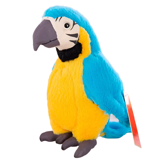 Colorful parrot plush toy on a white background