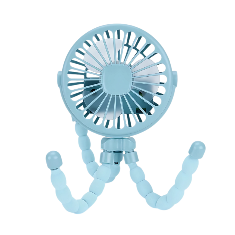 Blue handheld fan with flexible arm on a white background
