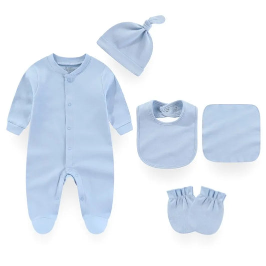 Baby blue baby outfit set with onesie, hat, bib, burp cloth, and mittens on a white background