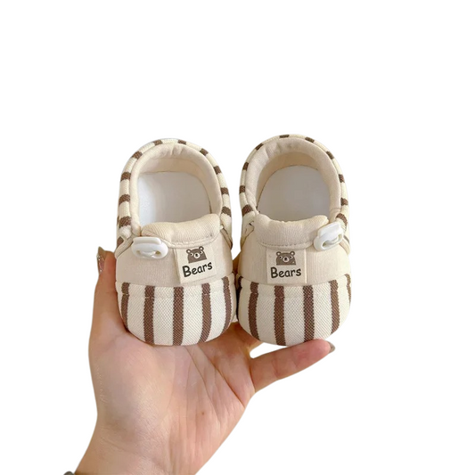 brown and white stripped baby shoes