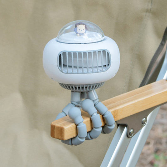 Small fan with a flexible arm attached to a wooden surface