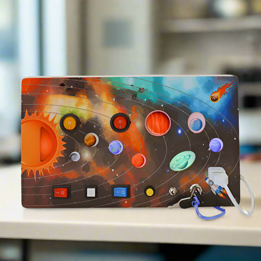CelBoard, Model of the solar system on a wooden base with colorful planets and spacecraft illustration, front view.