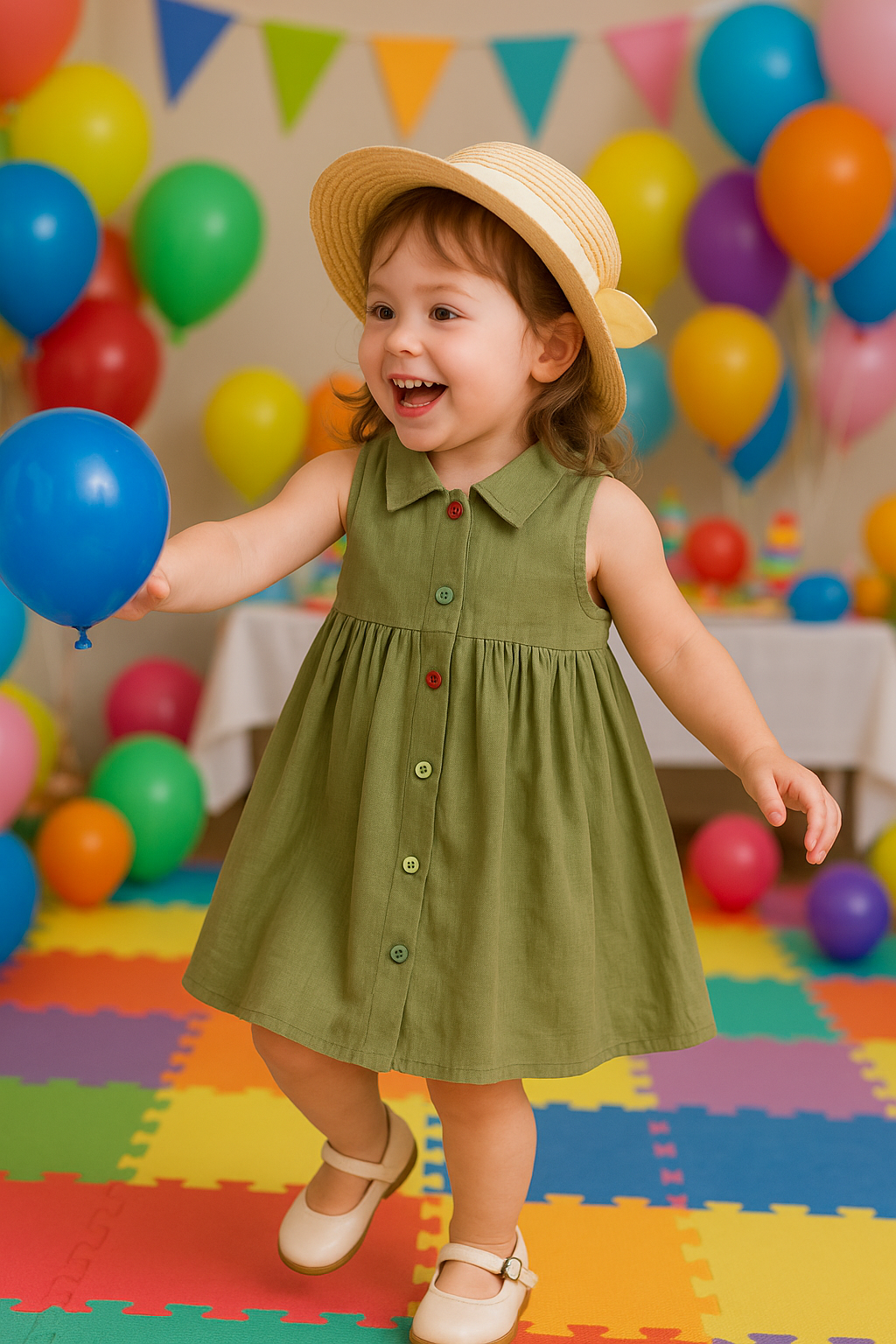 Child in a green dress and straw hat holding a balloon amidst colorful balloons and decorations.