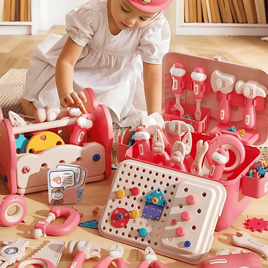 Child playing with a pink toy set on a wooden floor
