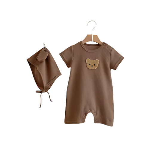 Brown Baby Romper and hat set on a white background