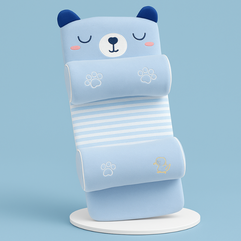 Cute blue bear-shaped baby head shaping pillow with white stripes on a light blue background
